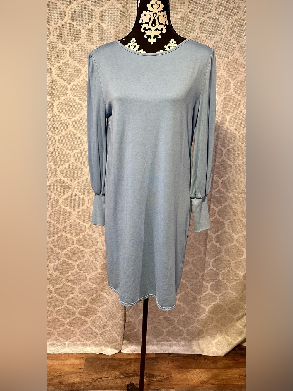 S’Edge Light Blue French Terry Sweatshirt Shift Dress with Blouson sleeves sz M